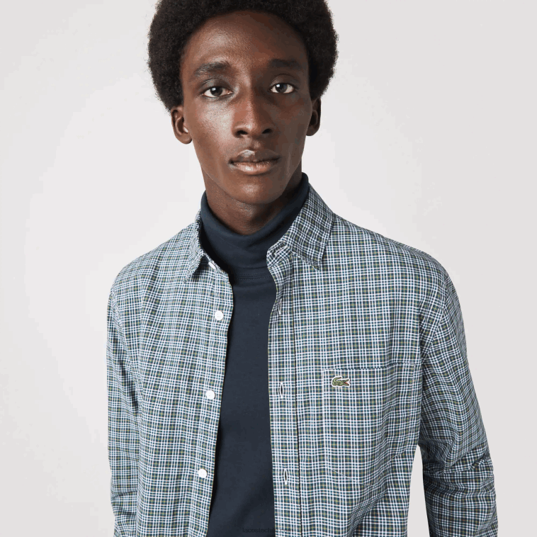 hombres Lacoste blanco negro verde tav camisa regular fit con estampado de cuadros N6XZ21609