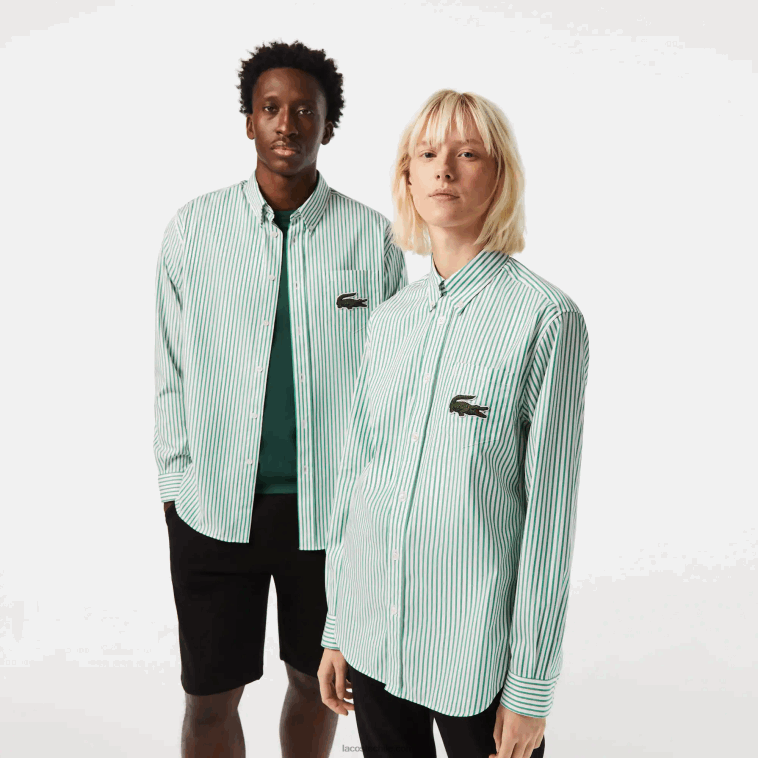hombres Lacoste blanco verde 737 camisa de corte holgado de algodón con cocodrilo grande N6XZ2411