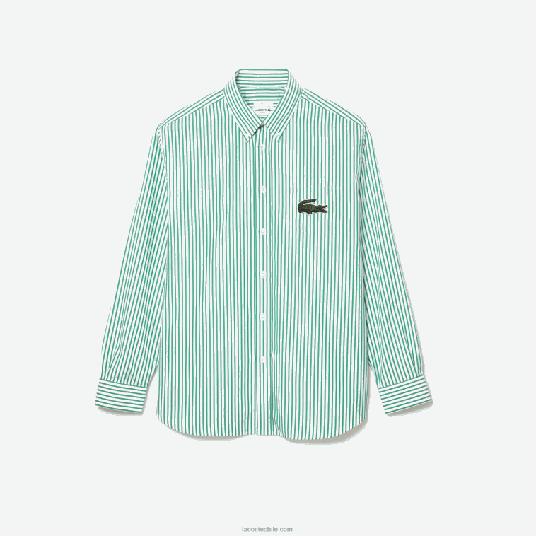 hombres Lacoste blanco verde 737 camisa de corte holgado de algodón con cocodrilo grande N6XZ2411