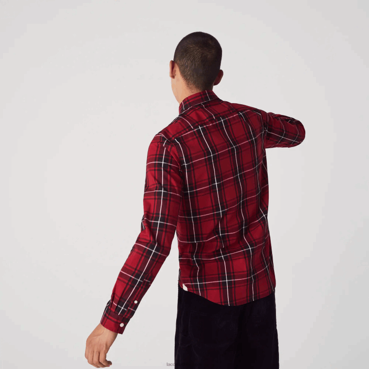 hombres Lacoste burdeos negro blanco llu Camisa slim fit de popelín de algodón elástico a cuadros N6XZ21612