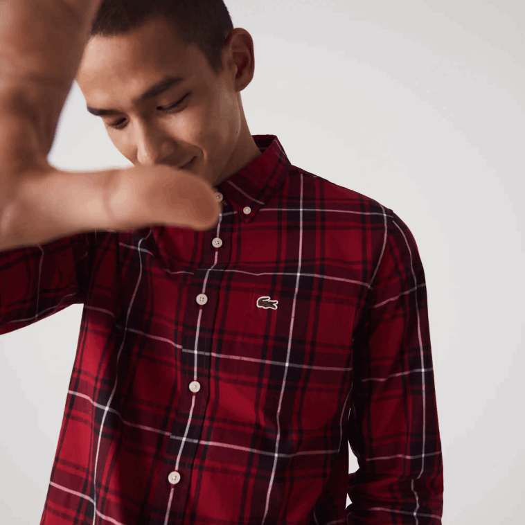 hombres Lacoste burdeos negro blanco llu Camisa slim fit de popelín de algodón elástico a cuadros N6XZ21612