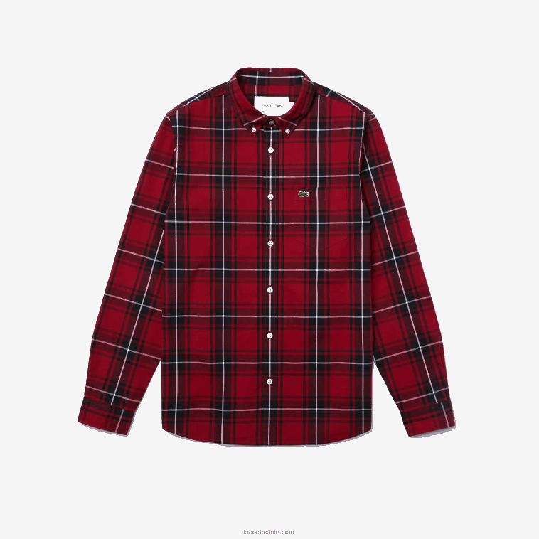hombres Lacoste burdeos negro blanco llu Camisa slim fit de popelín de algodón elástico a cuadros N6XZ21612