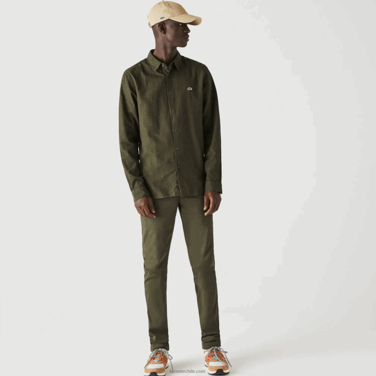 hombres Lacoste caqui verde blanco n8e camisa slim fit de algodón flameado N6XZ21645