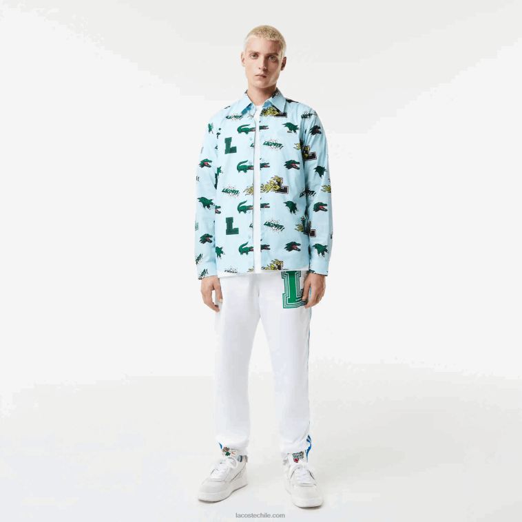 hombres Lacoste eep azul blanco camisa regular fit con estampado de cocodrilo N6XZ21574