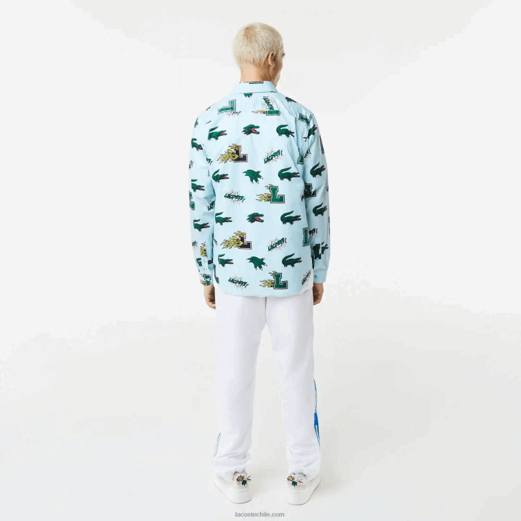 hombres Lacoste eep azul blanco camisa regular fit con estampado de cocodrilo N6XZ21574