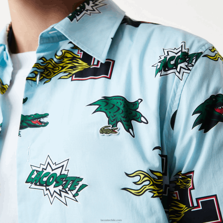 hombres Lacoste eep azul blanco camisa regular fit con estampado de cocodrilo N6XZ21574