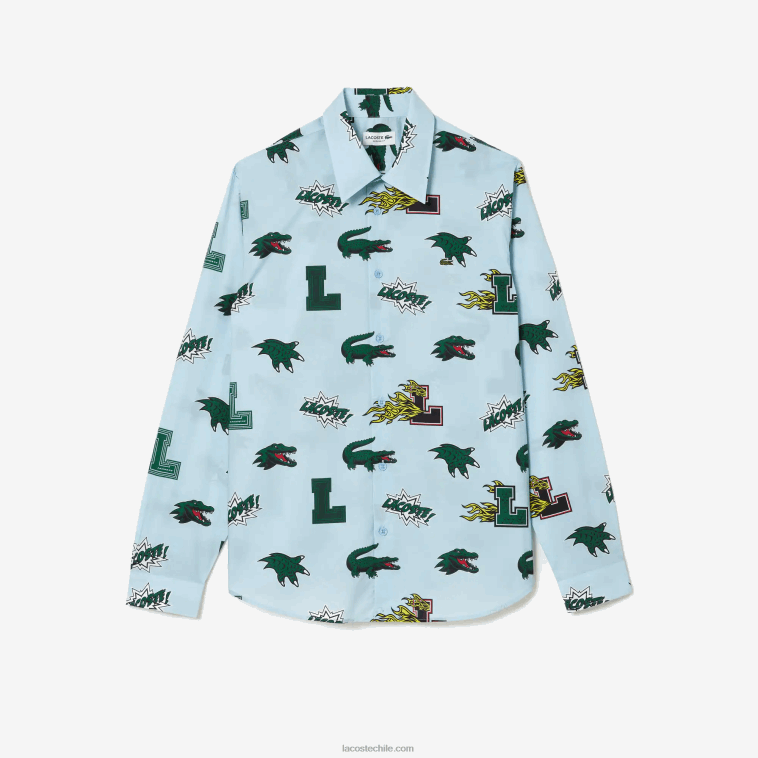 hombres Lacoste eep azul blanco camisa regular fit con estampado de cocodrilo N6XZ21574