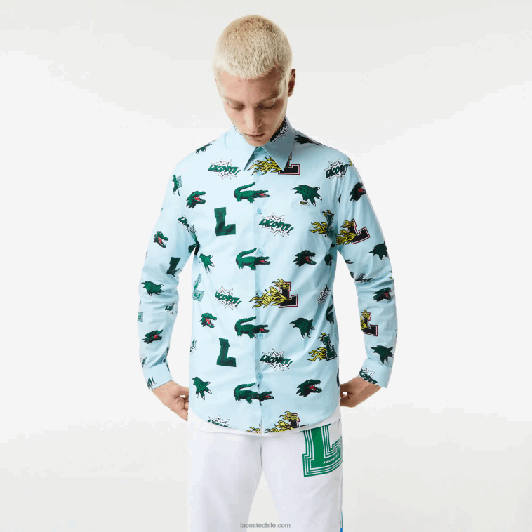 hombres Lacoste eep azul blanco camisa regular fit con estampado de cocodrilo N6XZ21574