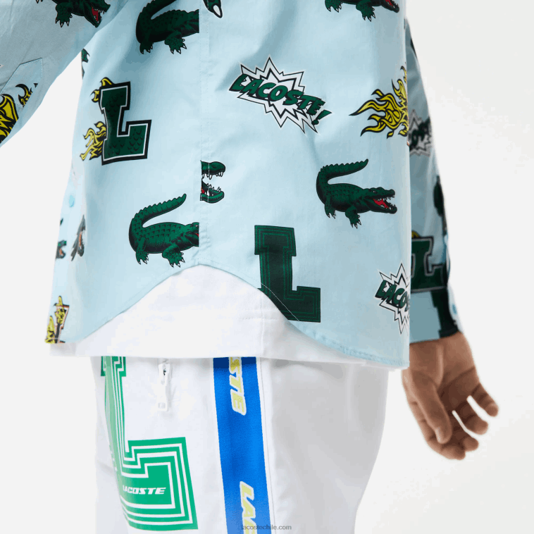 hombres Lacoste eep azul blanco camisa regular fit con estampado de cocodrilo N6XZ21574