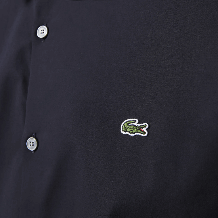 hombres Lacoste fondo azul marino camisa slim fit de popelín de algodón elástico N6XZ21487