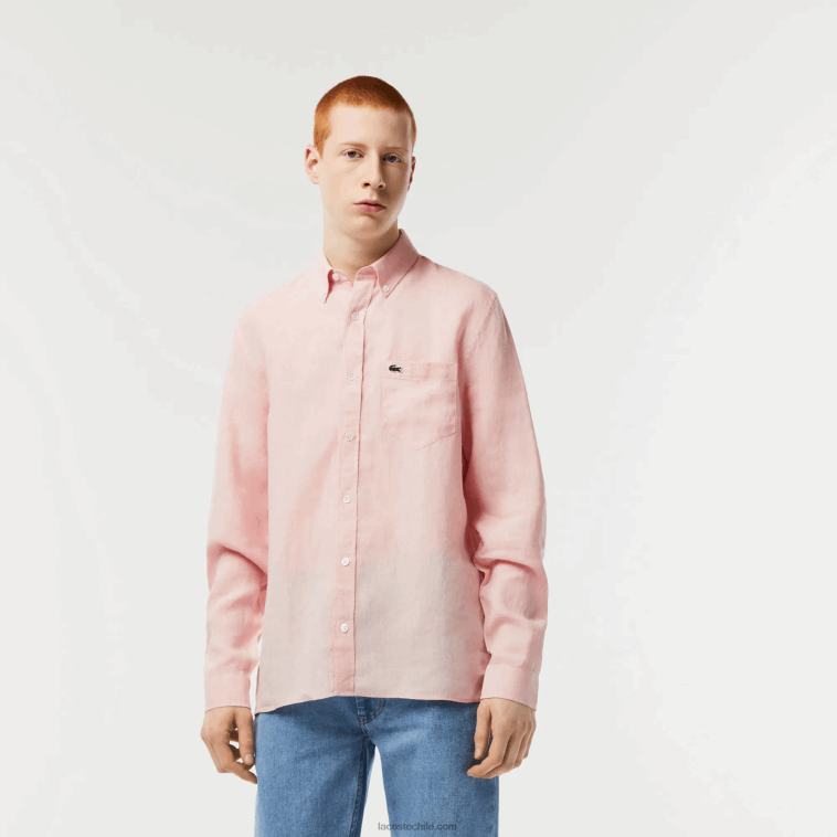 hombres Lacoste rosa claro t03 camisa de lino N6XZ2470