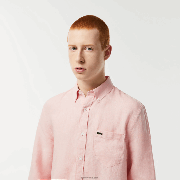 hombres Lacoste rosa claro t03 camisa de lino N6XZ2470