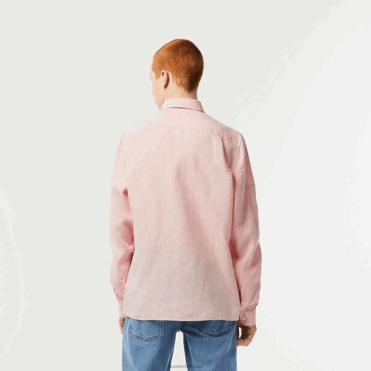 hombres Lacoste rosa claro t03 camisa de lino N6XZ2470