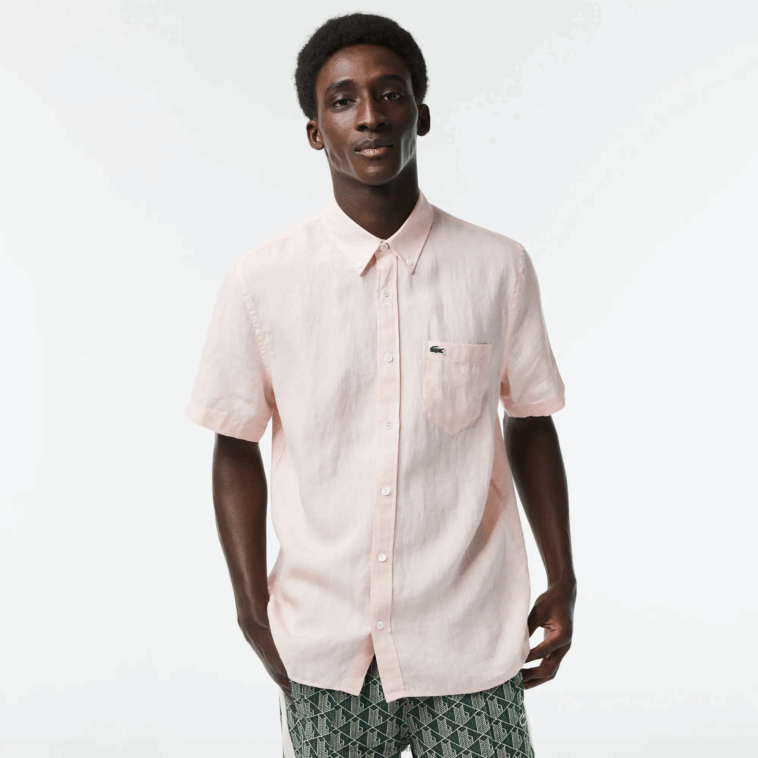 hombres Lacoste rosa claro t03 camisa de lino de manga corta N6XZ2489