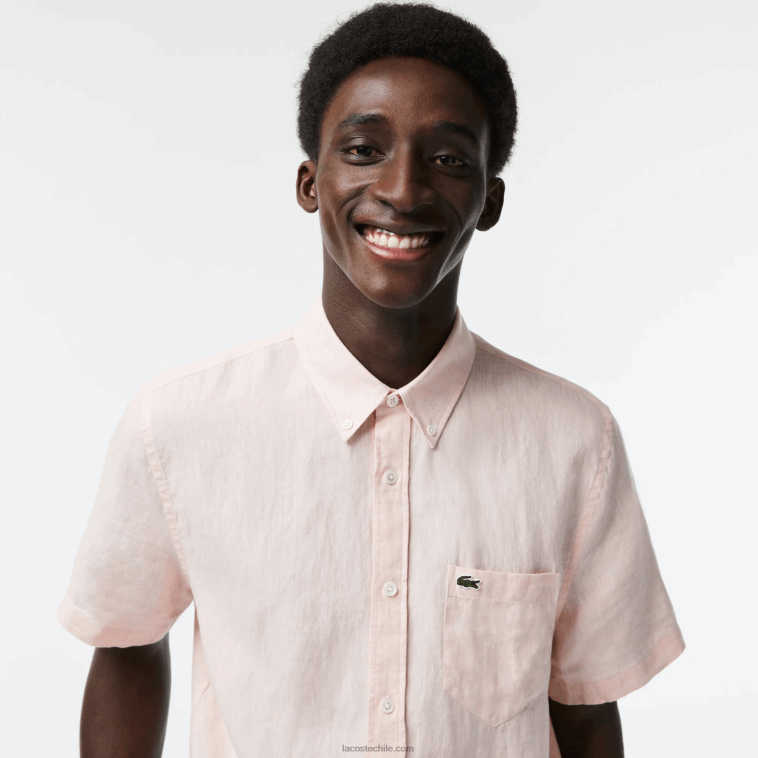 hombres Lacoste rosa claro t03 camisa de lino de manga corta N6XZ2489