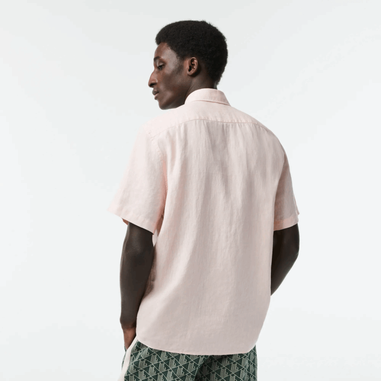 hombres Lacoste rosa claro t03 camisa de lino de manga corta N6XZ2489