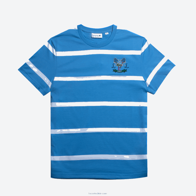 hombres Lacoste azul blanco hh7 playera de jersey de algodón a rayas con cuello redondo y bordado de tenis N6XZ2804 hombres Lacoste azul blanco hh7 playera de jersey de algodón a rayas con cuello redondo y bordado de tenis N6XZ2804