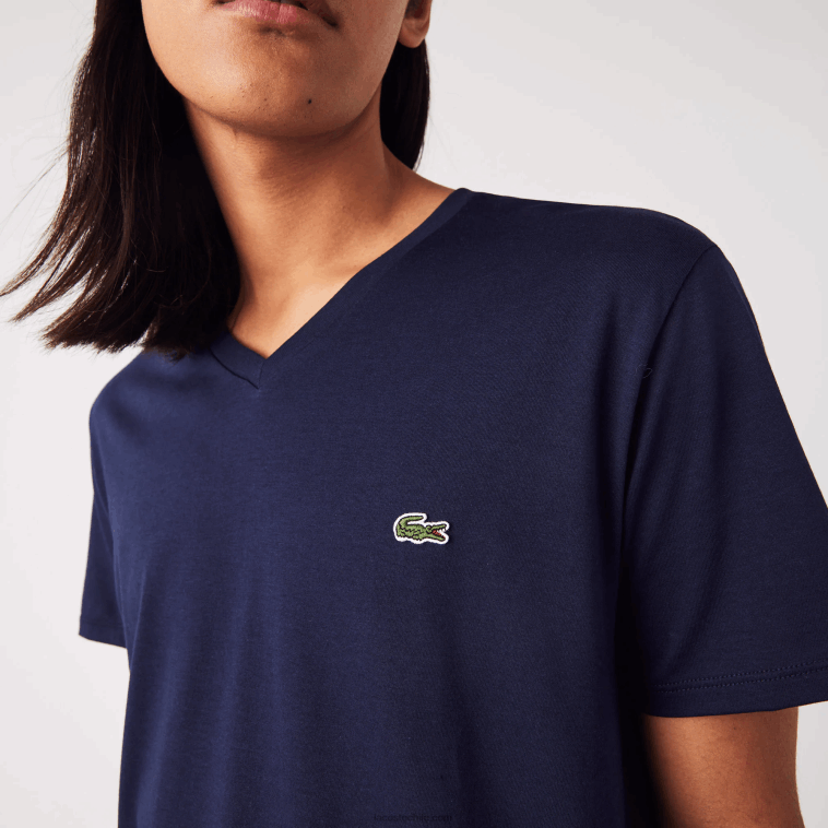 hombres Lacoste azul marino 166 playera de punto de algodón pima con cuello en V N6XZ242