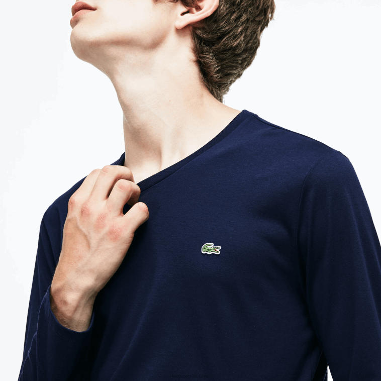 hombres Lacoste azul marino 166 playera de punto ligero de algodón pima con cuello en V N6XZ2674