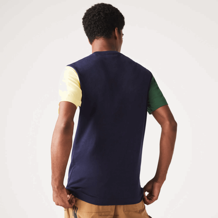 hombres Lacoste azul marino verde amarillo uxw playera de corte regular en jersey de algodón con bloques de color N6XZ2811