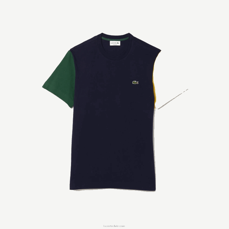 hombres Lacoste azul marino verde amarillo uxw playera de corte regular en jersey de algodón con bloques de color N6XZ2811