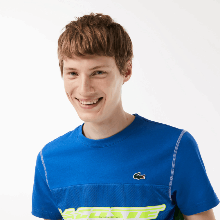 hombres Lacoste azul verde blanco amarillo buc camiseta de tenis x daniil medvedev N6XZ225