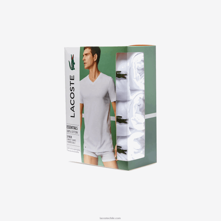 hombres Lacoste blanco 001 Pack de 3 camisetas de salón de algodón con cuello de pico N6XZ21335