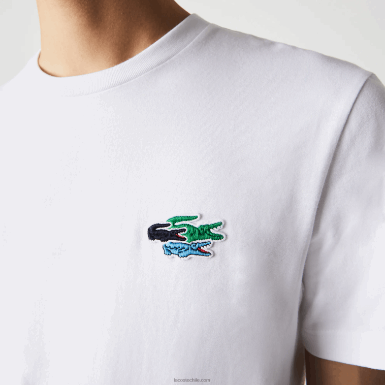 hombres Lacoste blanco 001 camiseta de algodón orgánico con cuello redondo y cocodrilos de colores N6XZ2919