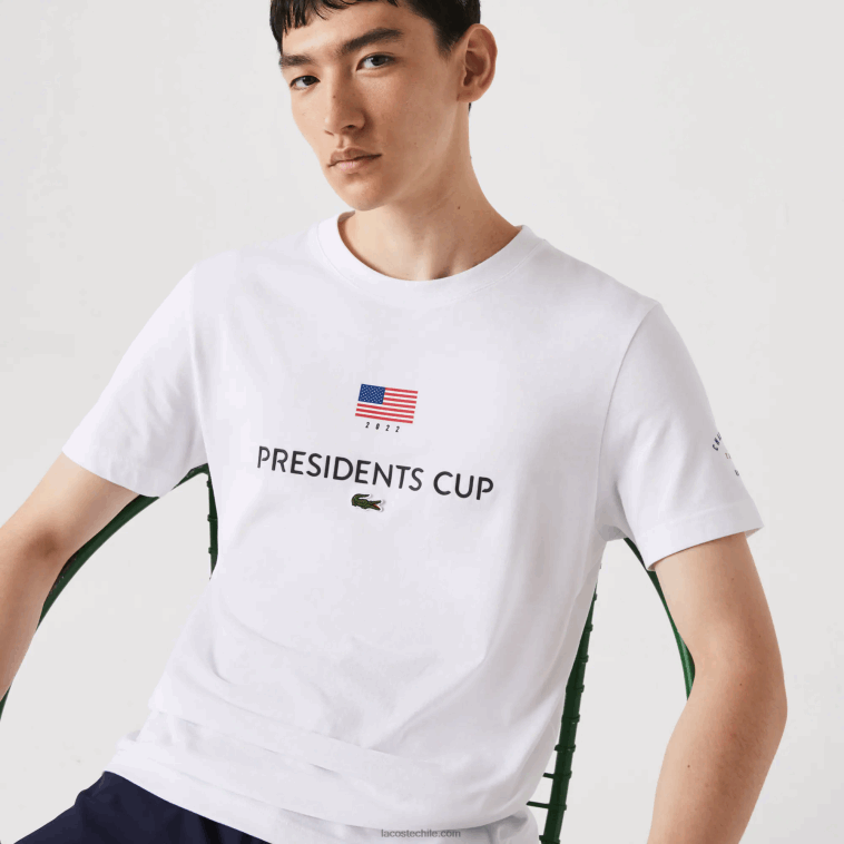 hombres Lacoste blanco 001 camiseta de la bandera americana del deporte de la copa de los presidentes N6XZ2861
