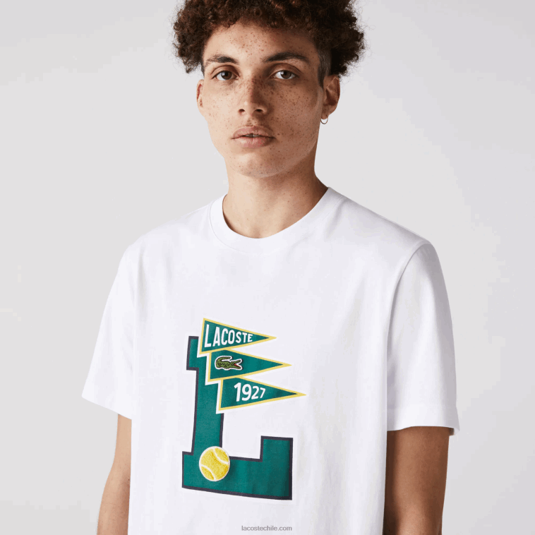 hombres Lacoste blanco 001 playera de algodón con insignia L y banderines de cuello redondo N6XZ2914