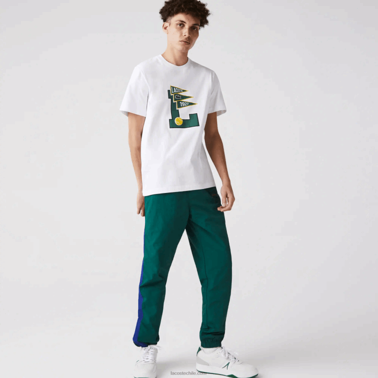 hombres Lacoste blanco 001 playera de algodón con insignia L y banderines de cuello redondo N6XZ2914