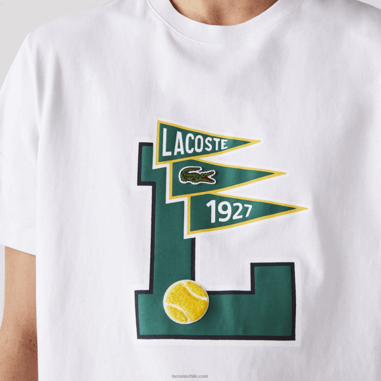 hombres Lacoste blanco 001 playera de algodón con insignia L y banderines de cuello redondo N6XZ2914