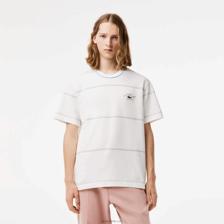 hombres Lacoste blanco 70v playera a rayas de jersey de algodón orgánico N6XZ2182