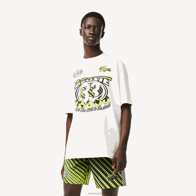 hombres Lacoste blanco 70v playera holgada con estampado de jersey de algodón N6XZ2144