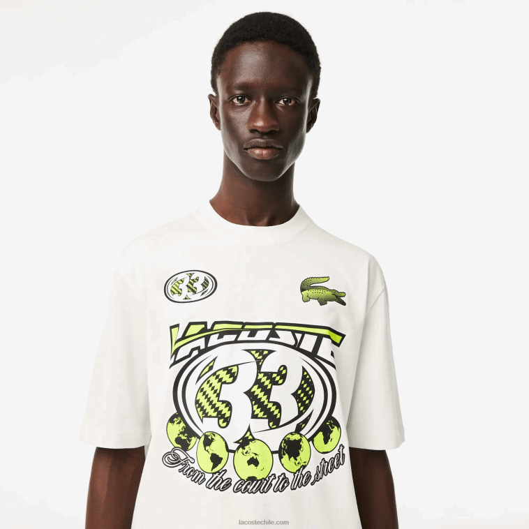hombres Lacoste blanco 70v playera holgada con estampado de jersey de algodón N6XZ2144