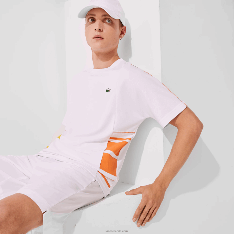 hombres Lacoste blanco amarillo naranja d0v playera de piqué con cuello redondo y bandas gráficas deportivas N6XZ21922