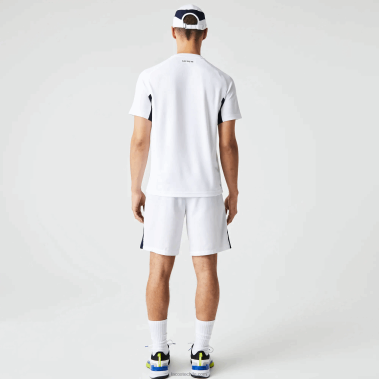hombres Lacoste blanco azul marino blanco y2u playera de tenis sport color-block ultra-dry piqué N6XZ2583