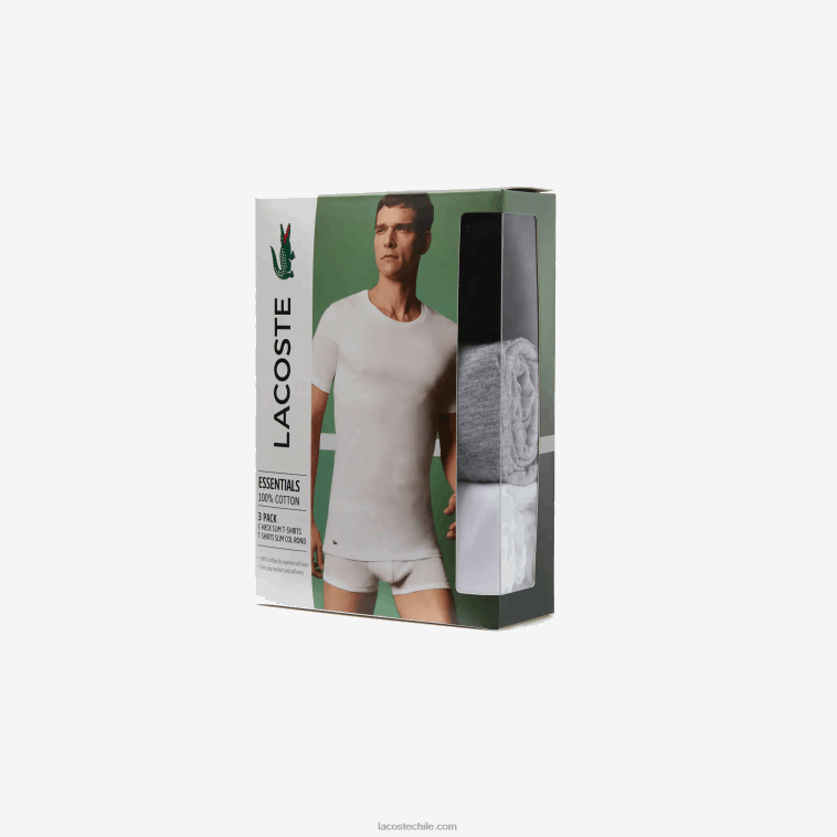 hombres Lacoste blanco gris lomo negro bxy Pack de 3 camisetas de algodón con cuello redondo N6XZ21349
