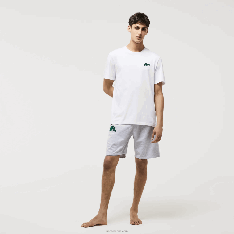 hombres Lacoste blanco verde 7wj camiseta de salón de algodón con cuello redondo y cocodrilo aterciopelado N6XZ21343
