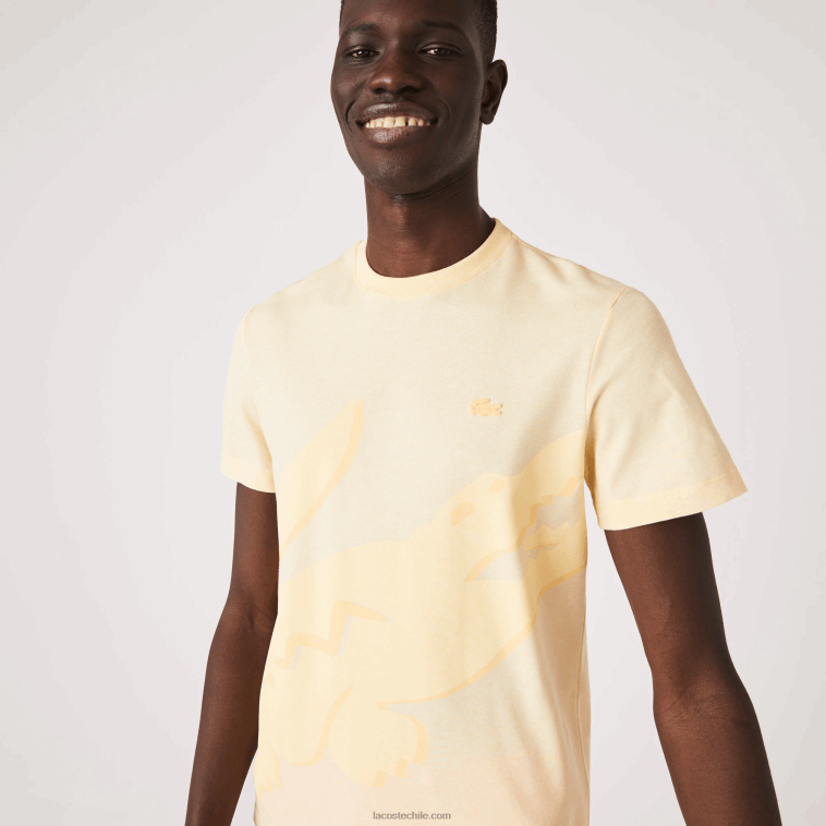 hombres Lacoste hbz amarillo camiseta de algodón orgánico elástico con cuello redondo y estampado de cocodrilo N6XZ2636