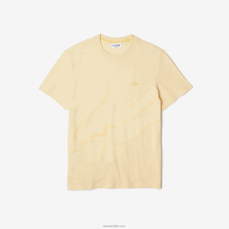 hombres Lacoste hbz amarillo camiseta de algodón orgánico elástico con cuello redondo y estampado de cocodrilo N6XZ2636