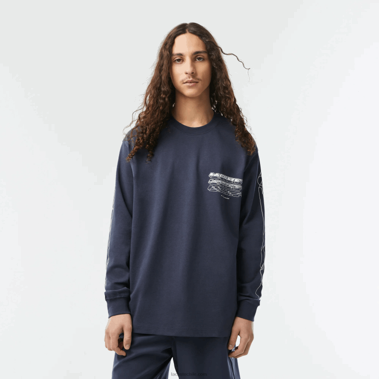 hombres Lacoste kxe azul camiseta holgada de manga larga de jersey de algodón N6XZ2176