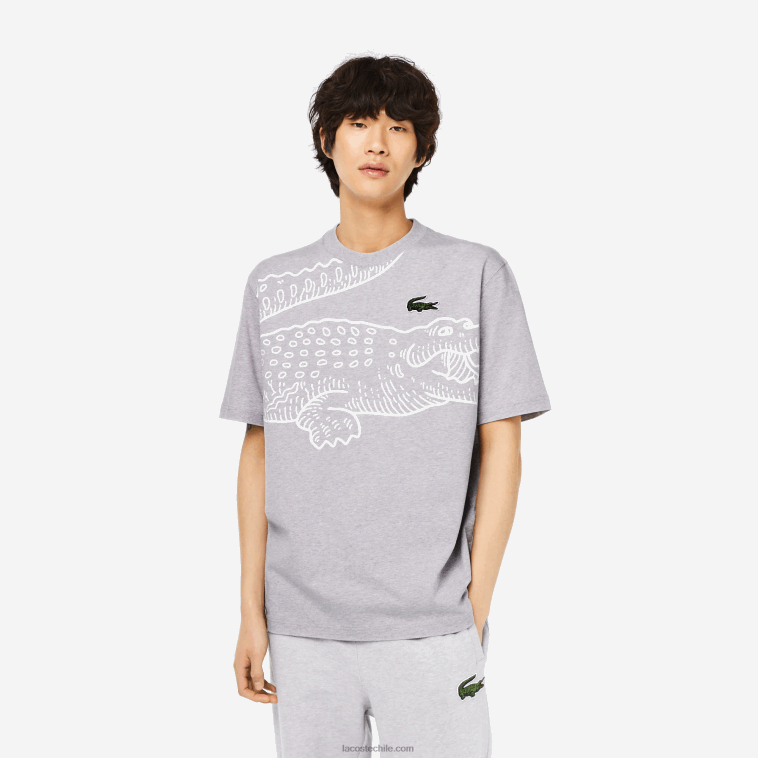 hombres Lacoste lomo gris cca camiseta holgada con cuello redondo y estampado de cocodrilo N6XZ2253
