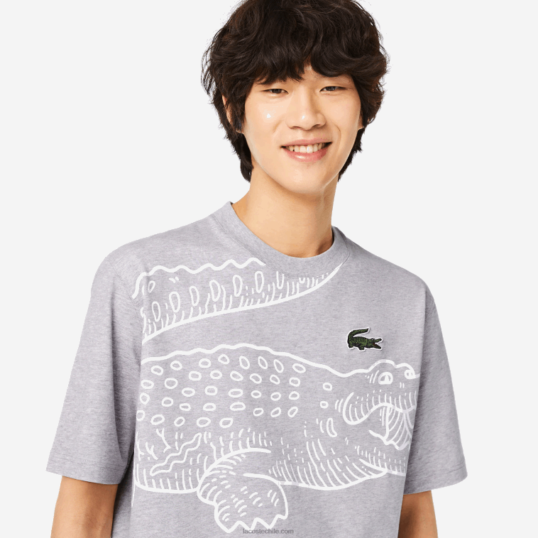 hombres Lacoste lomo gris cca camiseta holgada con cuello redondo y estampado de cocodrilo N6XZ2253