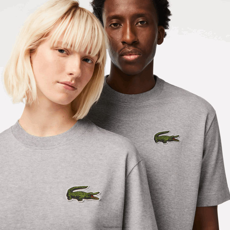 hombres Lacoste lomo gris cca camiseta holgada de algodón orgánico con cocodrilo grande N6XZ274