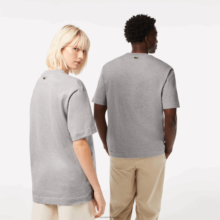 hombres Lacoste lomo gris cca camiseta holgada de algodón orgánico con cocodrilo grande N6XZ274