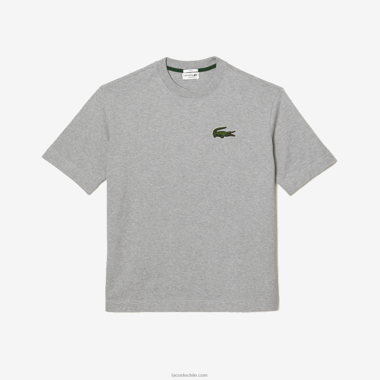 hombres Lacoste lomo gris cca camiseta holgada de algodón orgánico con cocodrilo grande N6XZ274