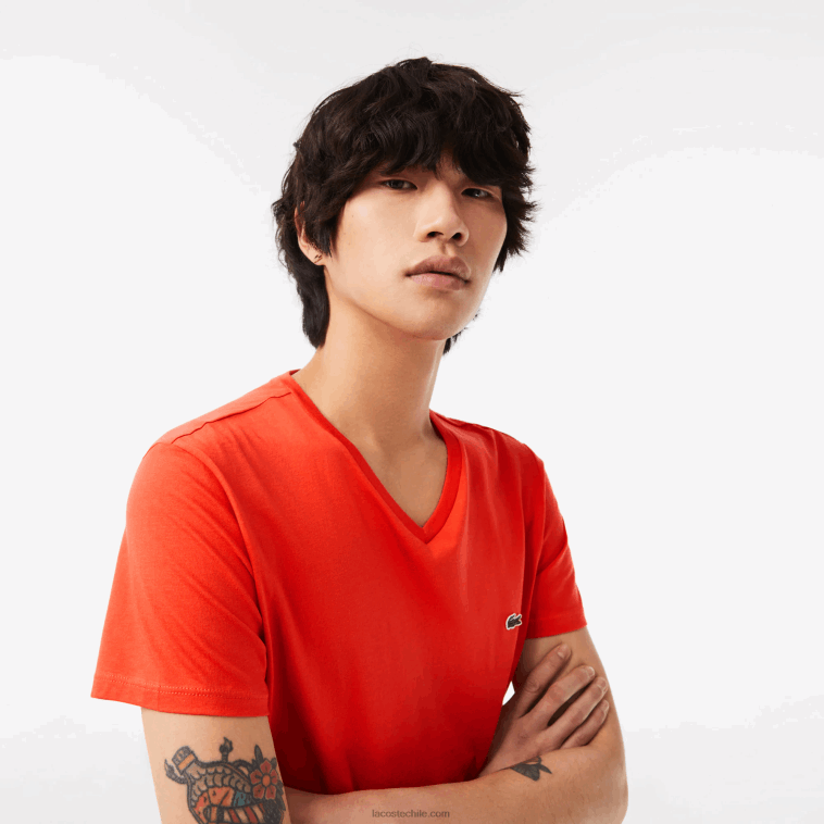 hombres Lacoste naranja 02k playera de punto de algodón pima con cuello en V N6XZ239