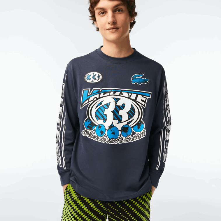 hombres Lacoste xie azul camiseta holgada de manga larga estampada N6XZ2148
