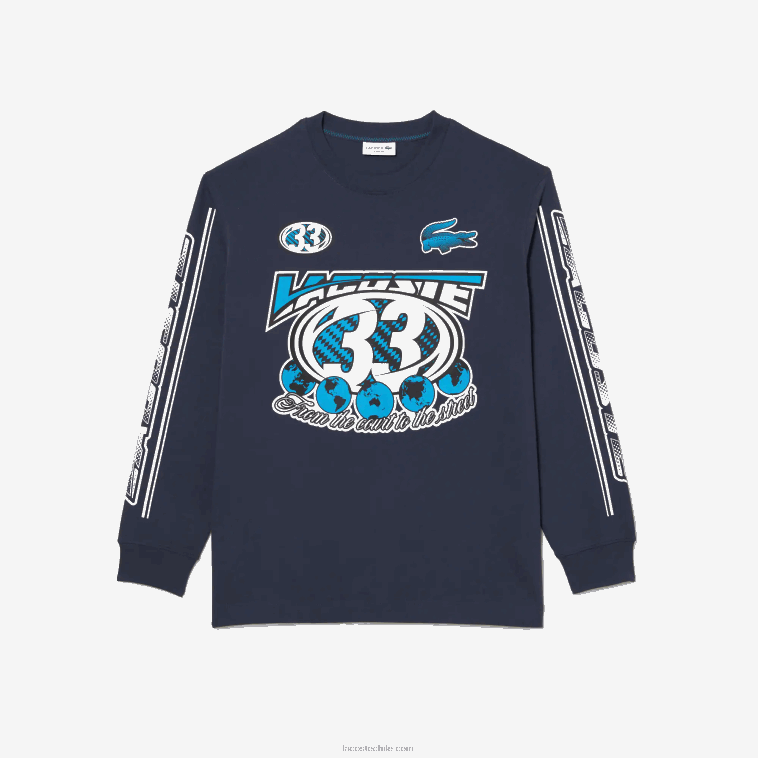 hombres Lacoste xie azul camiseta holgada de manga larga estampada N6XZ2148